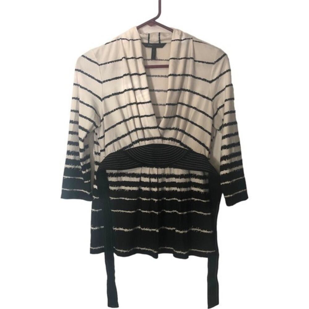 BCBGMaxazria Womens Elbow Sleeve Deep v-neck Stripes Black White Blouse Small